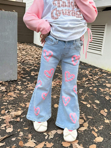 Kids Young Girl Fashion Pink Heart Patterned Flared Jeans