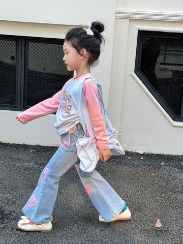 Kids Young Girl Fashion Pink Heart Patterned Flared Jeans