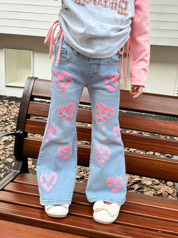 Kids Young Girl Fashion Pink Heart Patterned Flared Jeans