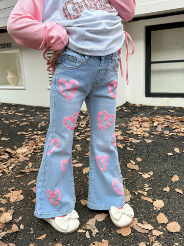 Kids Young Girl Fashion Pink Heart Patterned Flared Jeans