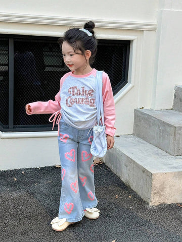 Kids Young Girl Fashion Pink Heart Patterned Flared Jeans