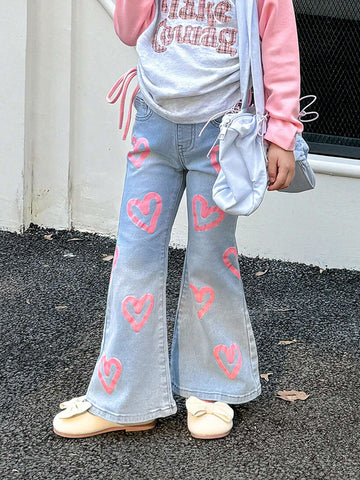 Kids Young Girl Fashion Pink Heart Patterned Flared Jeans
