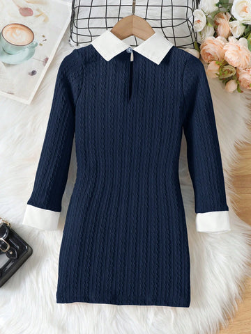 Kids Young Girl Solid Color Splice Long Sleeve Simple Casual Dress