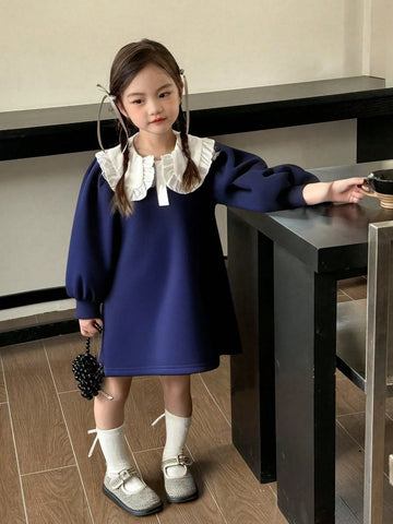 Young Girl & Young Girl Gray Doll Ruffle Collar Casual Dress, Cute, Fashionable, Versatile, Comfortable