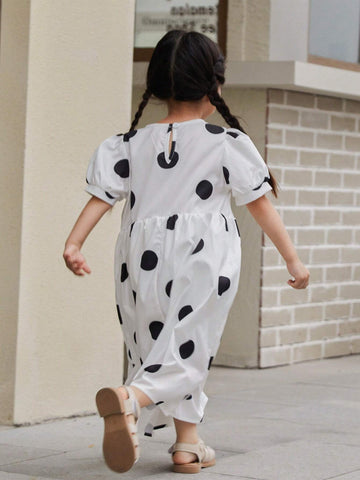 Kids Young Girls' Summer Polka Dot Print Puff Sleeve Cute Loose Fit Dress With Round Neckline