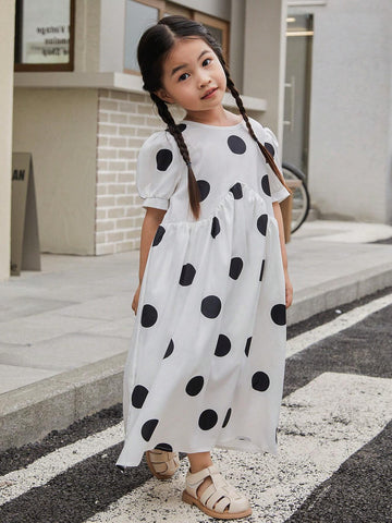 Kids Young Girls' Summer Polka Dot Print Puff Sleeve Cute Loose Fit Dress With Round Neckline