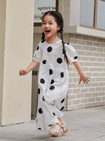 Kids Young Girls' Summer Polka Dot Print Puff Sleeve Cute Loose Fit Dress With Round Neckline