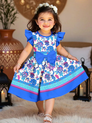 Geometric Floral Colorblock Print, Cute Bowknot, Young Girl Sweet Style, Fashion Ruffle Sleeve Dress, Suitable For Party, Holiday, Outdoor