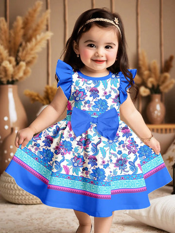 Geometric Floral Colorblock Print, Cute Bowknot, Young Girl Sweet Style, Fashion Ruffle Sleeve Dress, Suitable For Party, Holiday, Outdoor