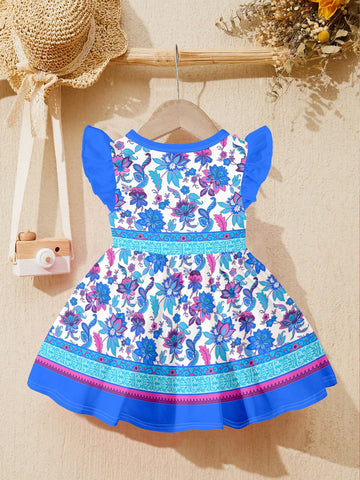 Geometric Floral Colorblock Print, Cute Bowknot, Young Girl Sweet Style, Fashion Ruffle Sleeve Dress, Suitable For Party, Holiday, Outdoor