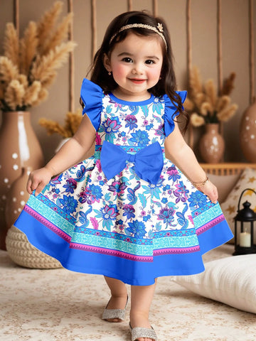 Geometric Floral Colorblock Print, Cute Bowknot, Young Girl Sweet Style, Fashion Ruffle Sleeve Dress, Suitable For Party, Holiday, Outdoor