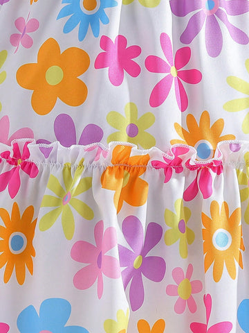 Girl (Small) Square Neck Gathered All-Over Print Dress