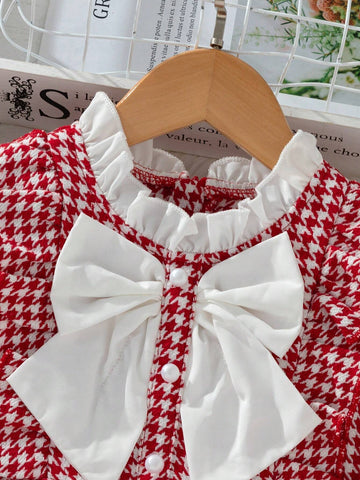 Girls A-Line Dress With Fashionable Ruffle Trim & Bow Decor, Graceful Elegance For Daily Wear