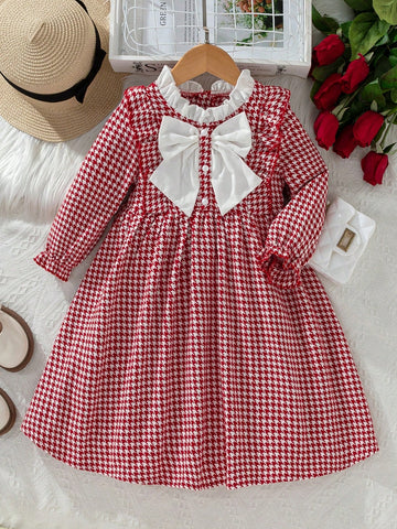 Girls A-Line Dress With Fashionable Ruffle Trim & Bow Decor, Graceful Elegance For Daily Wear