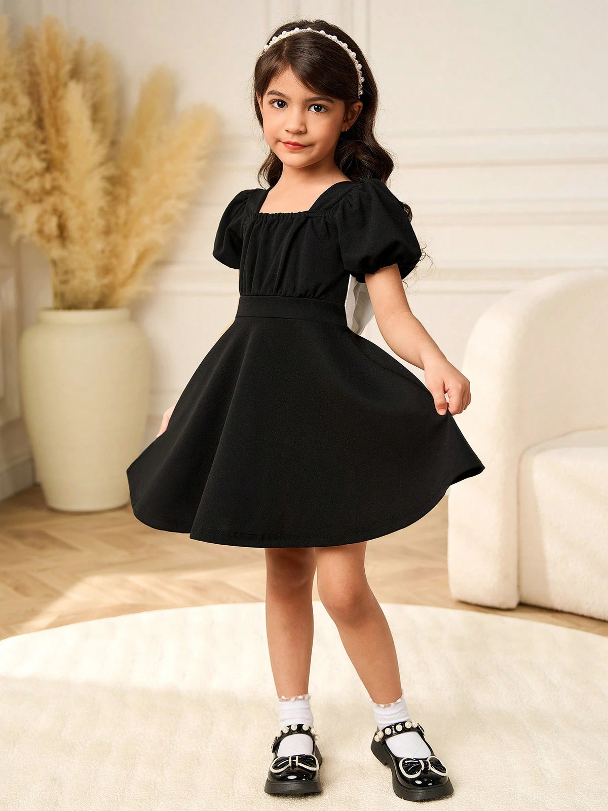 Girls' Black Square Neck Short Sleeve Dress With Bow Decor, Black & White Contrast, Elegant & Suitable For Party, Casual Wear, Spring/Summer/Autumn
