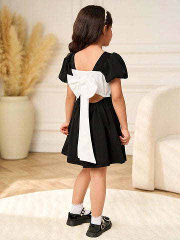Girls' Black Square Neck Short Sleeve Dress With Bow Decor, Black & White Contrast, Elegant & Suitable For Party, Casual Wear, Spring/Summer/Autumn