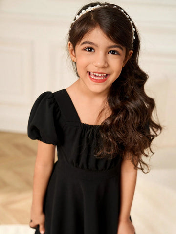 Girls' Black Square Neck Short Sleeve Dress With Bow Decor, Black & White Contrast, Elegant & Suitable For Party, Casual Wear, Spring/Summer/Autumn