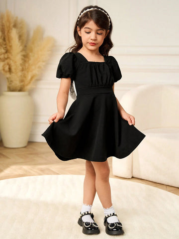 Girls' Black Square Neck Short Sleeve Dress With Bow Decor, Black & White Contrast, Elegant & Suitable For Party, Casual Wear, Spring/Summer/Autumn