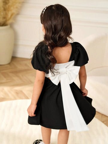 Girls' Black Square Neck Short Sleeve Dress With Bow Decor, Black & White Contrast, Elegant & Suitable For Party, Casual Wear, Spring/Summer/Autumn
