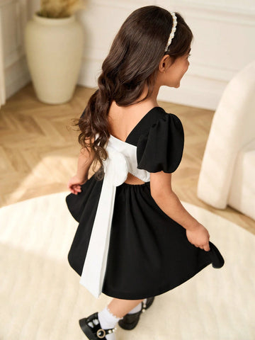 Girls' Black Square Neck Short Sleeve Dress With Bow Decor, Black & White Contrast, Elegant & Suitable For Party, Casual Wear, Spring/Summer/Autumn