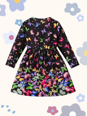 Girls Butterfly Print Long Sleeve Casual Dress, Suitable For Spring & Fall