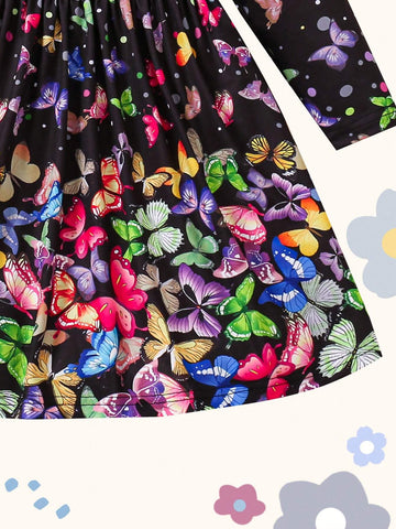 Girls Butterfly Print Long Sleeve Casual Dress, Suitable For Spring & Fall