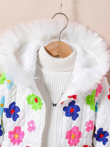 Girls Casual All-Match All-Match Cute Sweet Funny Hand-Painted Colorful Flower & Wheat Textured Thick Fleece Lined Hooded Jacket