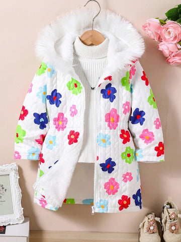 Girls Casual All-Match All-Match Cute Sweet Funny Hand-Painted Colorful Flower & Wheat Textured Thick Fleece Lined Hooded Jacket