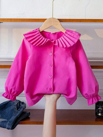 Girls Casual Basic Elegant College Style Pleated Ruffle Sleeve White Shirt Blouse, Suitable For Autumn, Winter