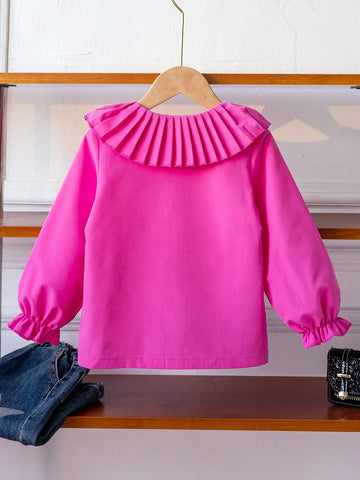 Girls Casual Basic Elegant College Style Pleated Ruffle Sleeve White Shirt Blouse, Suitable For Autumn, Winter
