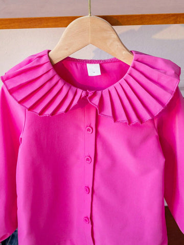 Girls Casual Basic Elegant College Style Pleated Ruffle Sleeve White Shirt Blouse, Suitable For Autumn, Winter