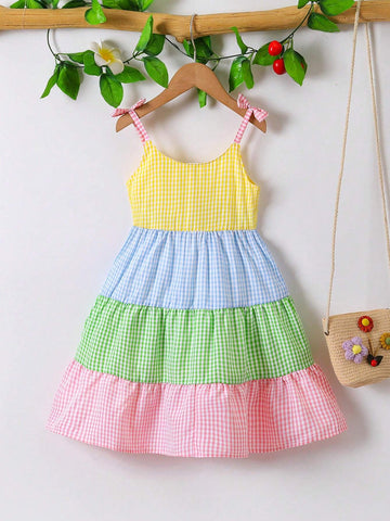 Girls Casual Colorblock Striped Strap Cake Dress, Summer