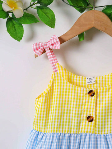 Girls Casual Colorblock Striped Strap Cake Dress, Summer