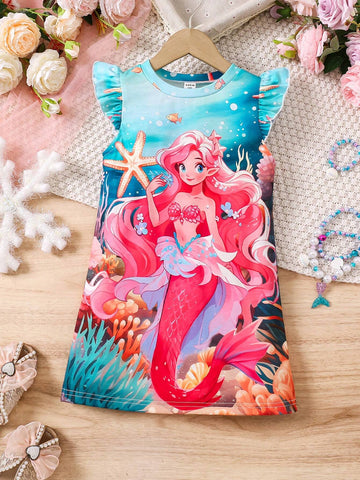 SHEIN Girls Casual Comfortable Breathable Cartoon Frozen Princess Cap Sleeve Printed T-Shirt Dress, For Outdoor