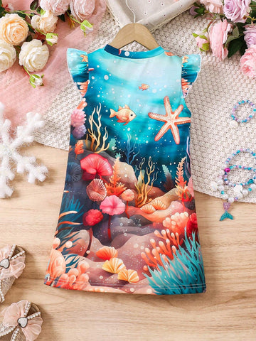 SHEIN Girls Casual Comfortable Breathable Cartoon Frozen Princess Cap Sleeve Printed T-Shirt Dress, For Outdoor