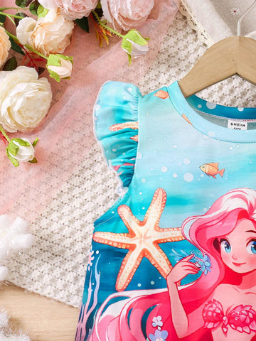 SHEIN Girls Casual Comfortable Breathable Cartoon Frozen Princess Cap Sleeve Printed T-Shirt Dress, For Outdoor