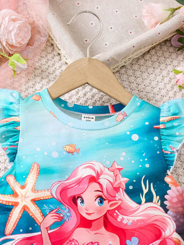 SHEIN Girls Casual Comfortable Breathable Cartoon Frozen Princess Cap Sleeve Printed T-Shirt Dress, For Outdoor