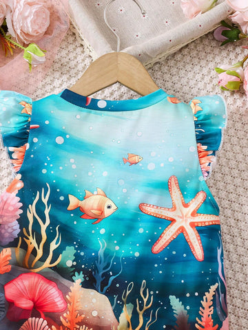 SHEIN Girls Casual Comfortable Breathable Cartoon Frozen Princess Cap Sleeve Printed T-Shirt Dress, For Outdoor