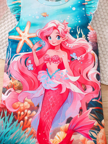 SHEIN Girls Casual Comfortable Breathable Cartoon Frozen Princess Cap Sleeve Printed T-Shirt Dress, For Outdoor