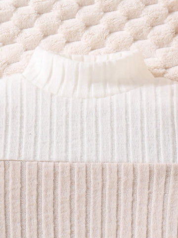 Girls Casual Comfortable Knit Thick Ribbed Colorblock Turtleneck Long Sleeve Fitted Dress, Autumn/Winter