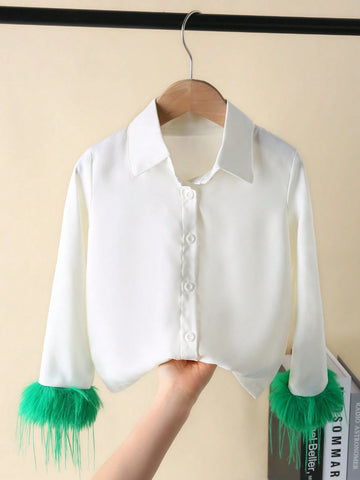 Girls Casual Elegant Personality Lapel Dolman Sleeve Solid Color Plush Minimalist Shirt