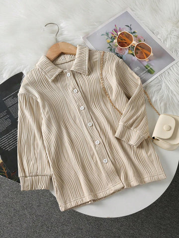 Girls Casual Elegant Turndown Collar Dropped Shoulder Long Sleeve Solid Color Jacquard Striped Loose Blouse, Suitable For Daily Wear