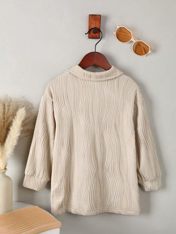 Girls Casual Elegant Turndown Collar Dropped Shoulder Long Sleeve Solid Color Jacquard Striped Loose Blouse, Suitable For Daily Wear