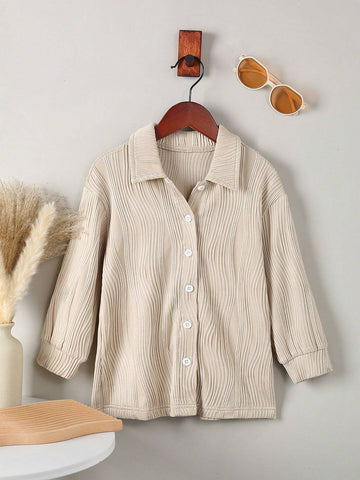 Girls Casual Elegant Turndown Collar Dropped Shoulder Long Sleeve Solid Color Jacquard Striped Loose Blouse, Suitable For Daily Wear