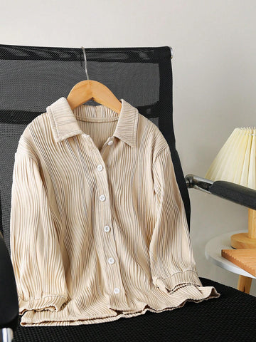 Girls Casual Elegant Turndown Collar Dropped Shoulder Long Sleeve Solid Color Jacquard Striped Loose Blouse, Suitable For Daily Wear