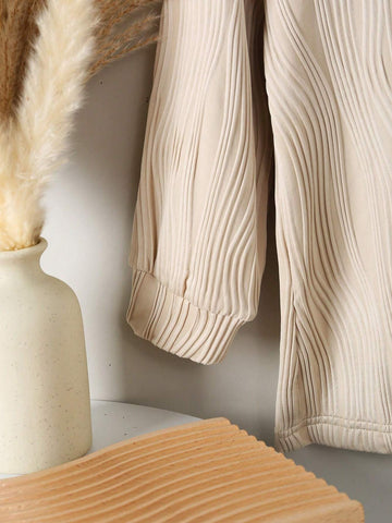 Girls Casual Elegant Turndown Collar Dropped Shoulder Long Sleeve Solid Color Jacquard Striped Loose Blouse, Suitable For Daily Wear