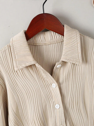 Girls Casual Elegant Turndown Collar Dropped Shoulder Long Sleeve Solid Color Jacquard Striped Loose Blouse, Suitable For Daily Wear