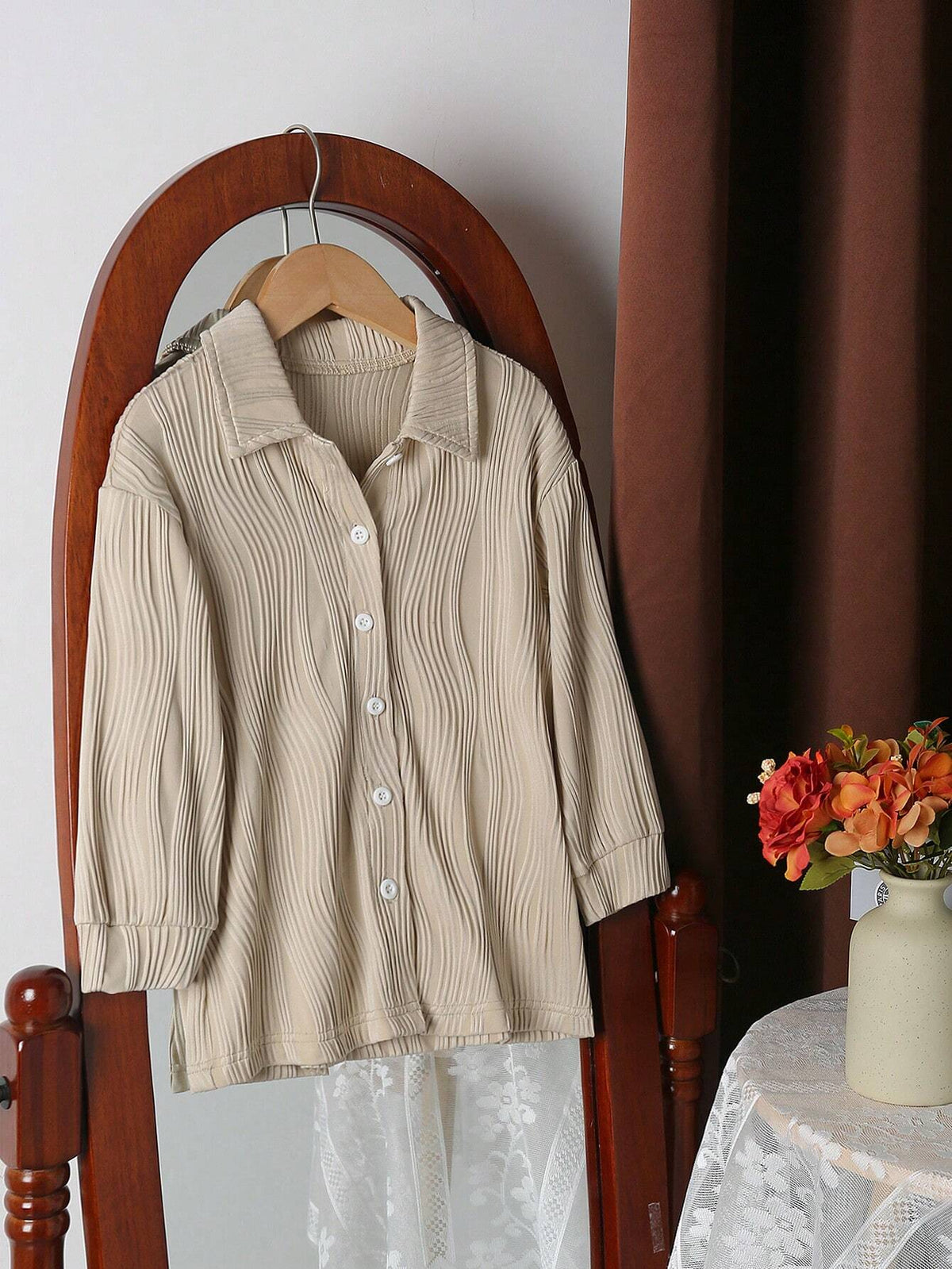 Girls Casual Elegant Turndown Collar Dropped Shoulder Long Sleeve Solid Color Jacquard Striped Loose Blouse, Suitable For Daily Wear