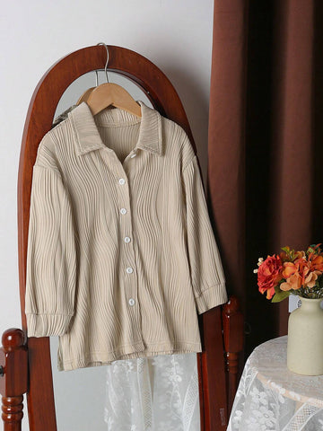 Girls Casual Elegant Turndown Collar Dropped Shoulder Long Sleeve Solid Color Jacquard Striped Loose Blouse, Suitable For Daily Wear