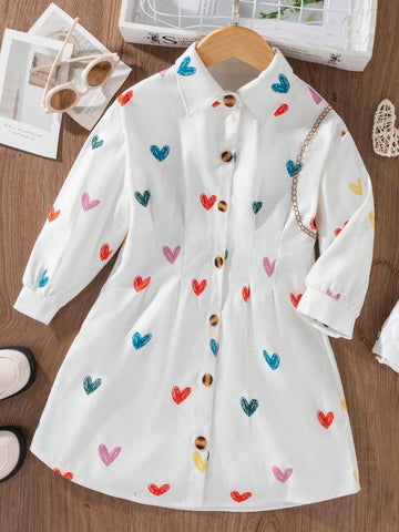 Girls Casual Heart Pattern Corduroy Shirt Dress, Autumn/Winter